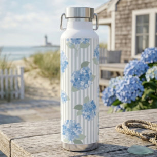 Elegantes Blaues Hortensienmuster Grauer Streifen Trinkflasche