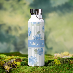 Elegantes Blaues Hortensienmuster Grauer Streifen  Trinkflasche