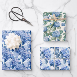 Elegantes blaues Hydrangea-Blumenmuster Geschenkpapier Set