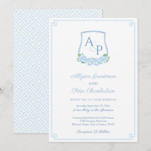 Elegantes blaues Hydrangeen-Monogramm-Wappen-Hochz Einladung