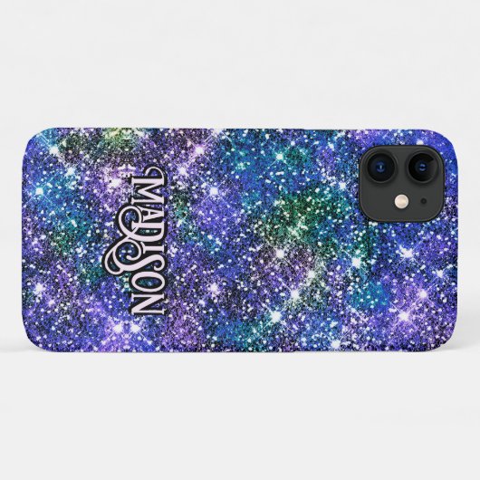 Elegantes blaues Imitat Glitzer Monogramm Case-Mate iPhone Hülle (Rückseite (Horizontal))