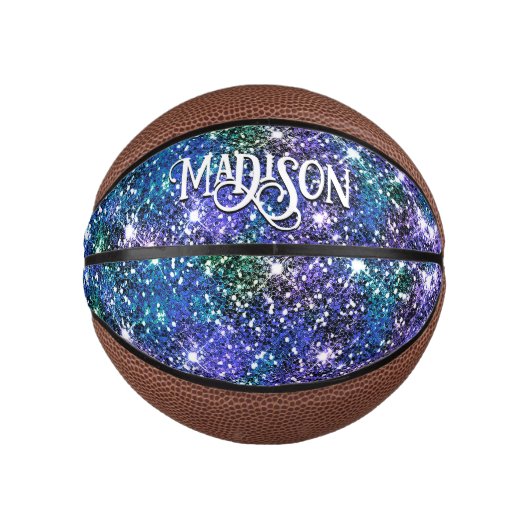 Elegantes blaues Imitat Glitzer Monogramm Mini Basketball (Vorderseite)