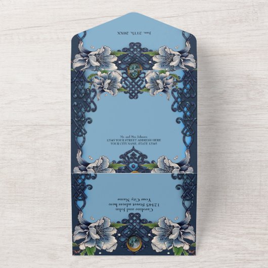 Elegantes blaues keltisches Design All In One Einladung (Außenbereich)