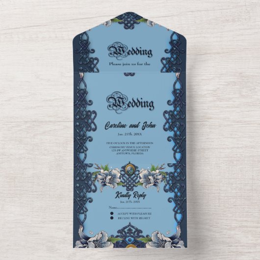 Elegantes blaues keltisches Design All In One Einladung (Innen Boden)