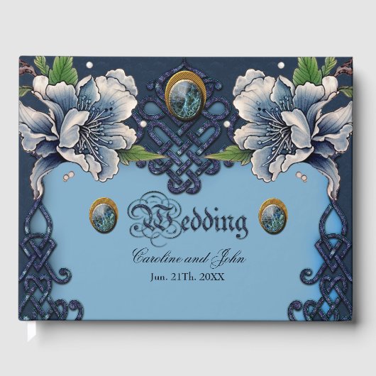 Elegantes blaues keltisches Design Gästebuch (Vorderseite)