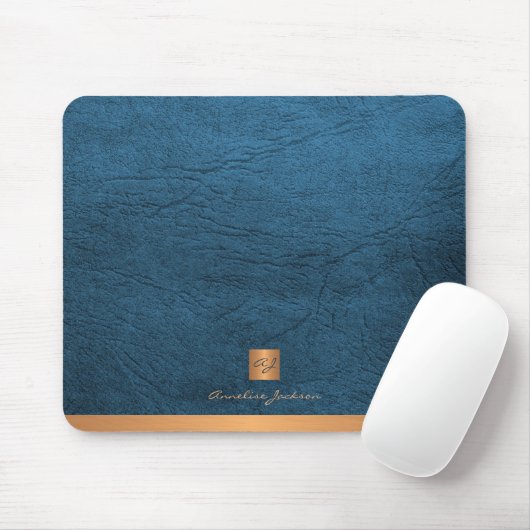 Elegantes blaues Ledergold mit Monogramm Mousepad (Mit Mouse)