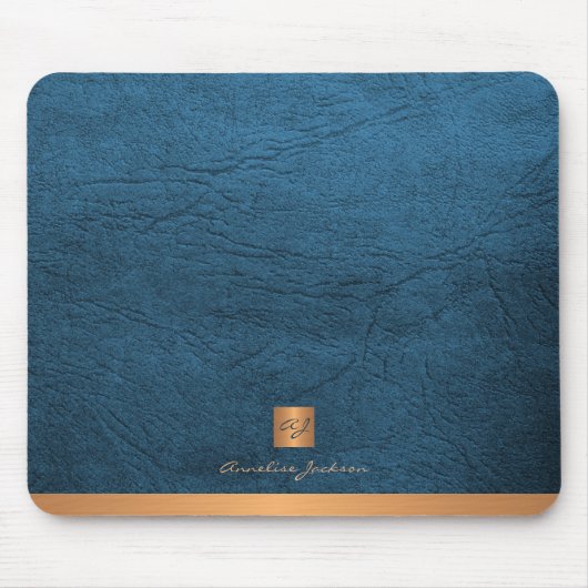 Elegantes blaues Ledergold mit Monogramm Mousepad (Vorne)