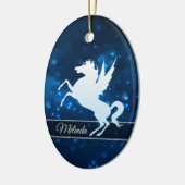 Elegantes blaues Licht Silver Silhouette Einhorn Keramik Ornament (Links)