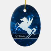 Elegantes blaues Licht Silver Silhouette Einhorn Keramik Ornament (Vorne)