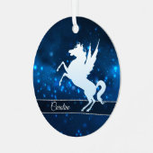 Elegantes blaues Licht Silver Silhouette Einhorn Ornament Aus Metall (Vorderseite links)