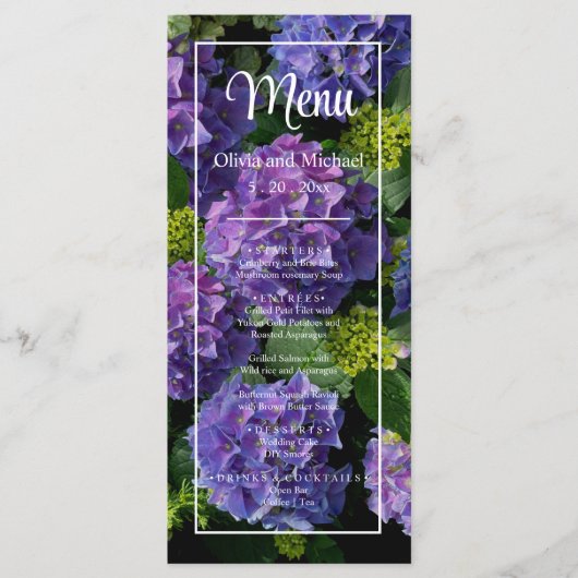 Elegantes blaues lila Magenta grünes Hydrangea Menükarte (Vorderseite)