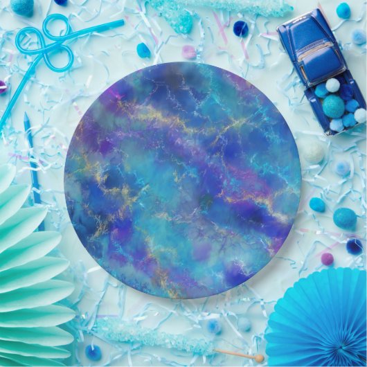 Elegantes blaues, Lila und goldenes Marmormuster Pappteller (Party)