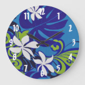 Elegantes blaues Limettengrün-hawaiianisches Blume Große Wanduhr (Vorderseite)