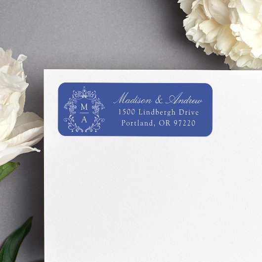 Elegantes blaues Monogramm-Hochzeits-Anschrift