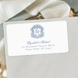 Elegantes blaues Monogrammwappen Hochzeitsadresse Adressaufkleber