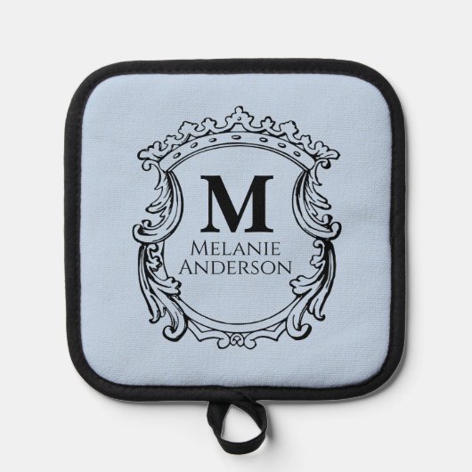 Elegantes blaues Monogrammwappen Topflappen (Vorderseite)