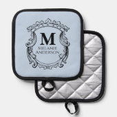 Elegantes blaues Monogrammwappen Topflappen (Vorderseite/Rückseite)