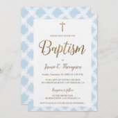 Elegantes blaues Muster Gold Cross Taufen Einladung (Vorne/Hinten)