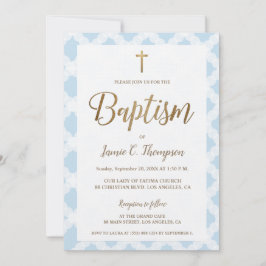 Elegantes blaues Muster Gold Cross Taufen Einladung