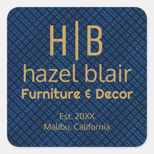 Elegantes blaues Muster | Gold Monogram Business L Quadratischer Aufkleber (Vorderseite)