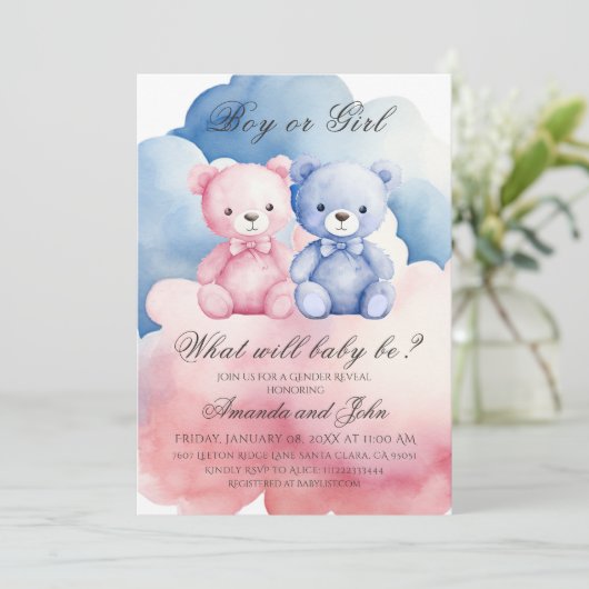 Elegantes blaues oder rosa Bärengeschlecht Einladung (Stehend Vorderseite)