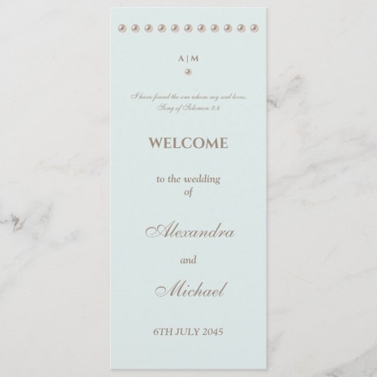 Elegantes blaues Perlen-Hochzeitsprogramm für chri Programm (Vorderseite)