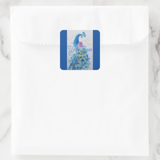 Elegantes Blaues Pfauenwasser mit Liebe Quadratischer Aufkleber (Tasche)