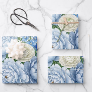 Elegantes blaues Pfingstrosen-Blumenbouquet-Aquare Geschenkpapier Set