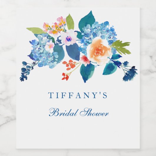 Elegantes blaues Pfirsichblumen Brautparty Weinkar Weinetikett (Einzelnes Label)