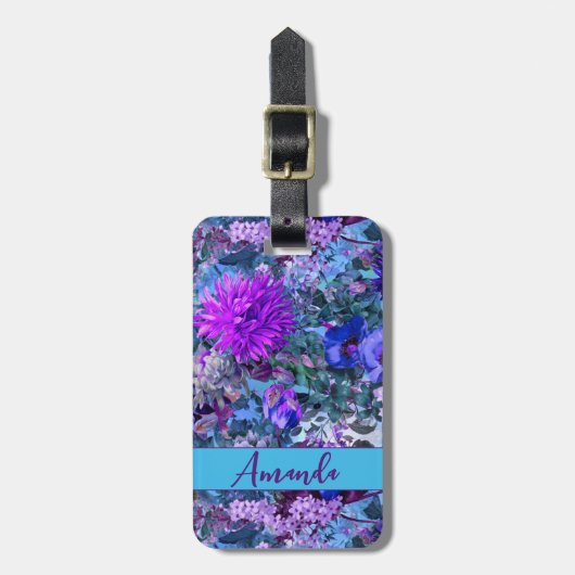 Elegantes blaues Purples Blumenmuster Monogramm Gepäckanhänger (Vorderseite vertikal)