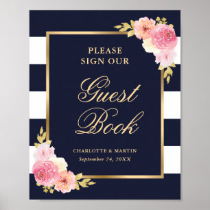 Elegantes blaues rosa florales Hochzeitsgästebuch- Poster