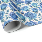 Elegantes blaues Rose-Muster Geschenkpapier (Rolleneckpunkt)