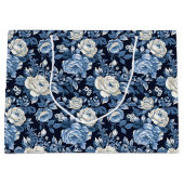 Elegantes blaues Rose-Muster Große Geschenktüte (Vorderseite)