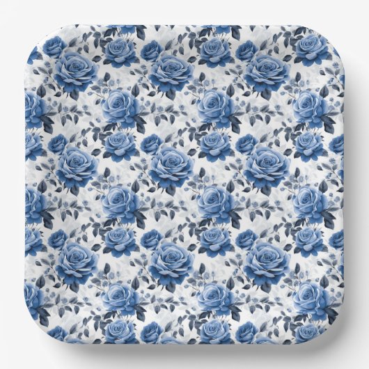 Elegantes blaues Rose-Muster Pappteller (Vorderseite)
