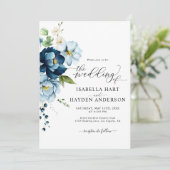 Elegantes blaues Rustikales Beige in 1 QR Code Hoc Einladung (Stehend Vorderseite)