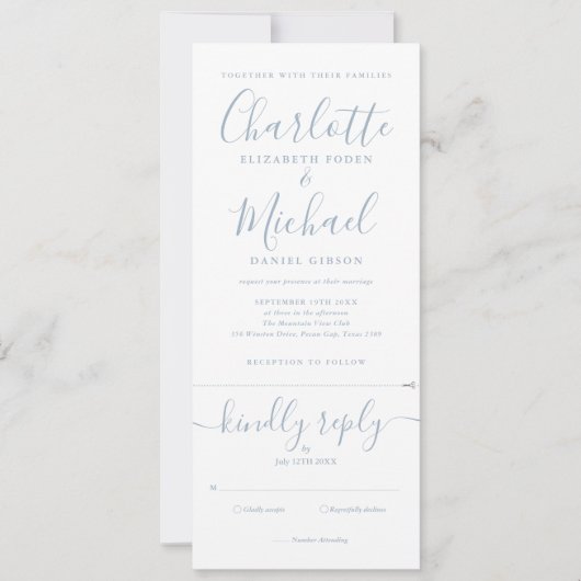 Elegantes, blaues Script in einem Hochzeitsinvit Einladung (Vorderseite)