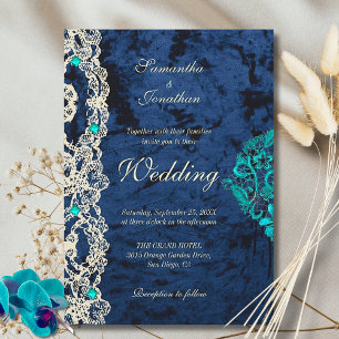 Elegantes blaues Spitzen-Barock-Hochzeitsdesign Einladung