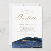 Elegantes blaues Tor mit Gold Cross | Taufe Einladung (Vorderseite)