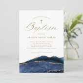 Elegantes blaues Tor mit Gold Cross | Taufe Einladung (Stehend Vorderseite)