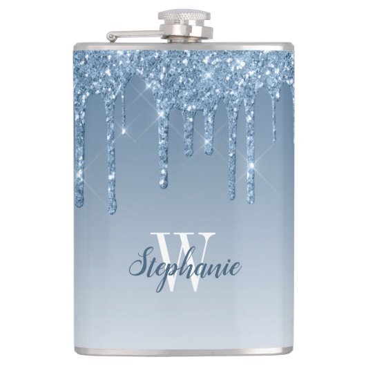Elegantes blaues tropfendes falsches Glitter Monog Flachmann (Vorderseite)