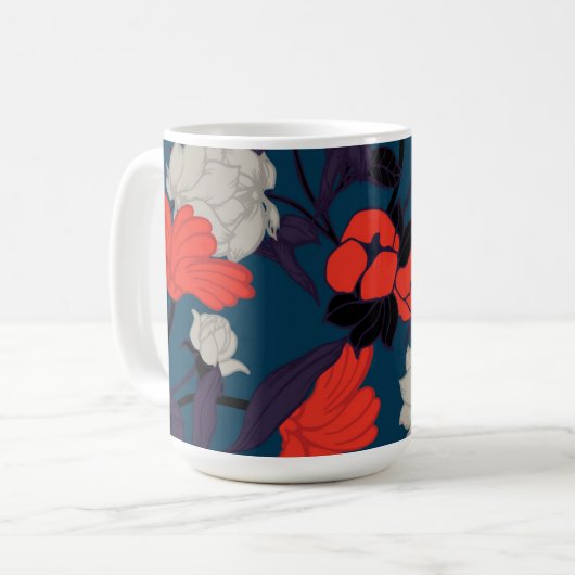 Elegantes blaues u. rotes Blumenmuster Kaffeetasse (Vorderseite Links)