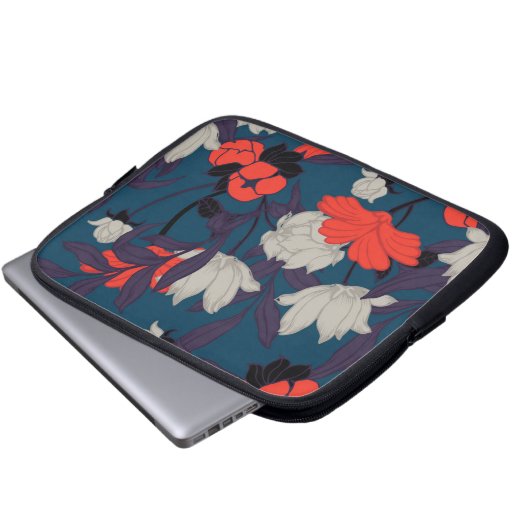 Elegantes blaues u. rotes Blumenmuster Laptopschutzhülle (Vorne Knopf)