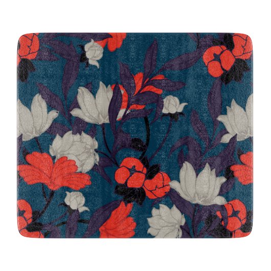 Elegantes blaues u. rotes Blumenmuster Schneidebrett (Vorderseite)
