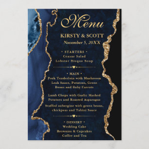 Elegantes Blaues und Goldenes Glitter-Achat-Hochze Menükarte