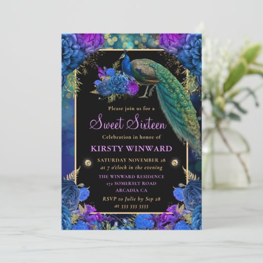 Elegantes blaues und Lila Pfauensaft 16 Einladung (Stehend Vorderseite)
