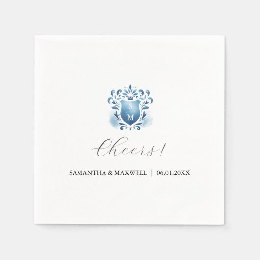 Elegantes blaues und Mit Monogramm Wappen Serviette (Vorderseite)