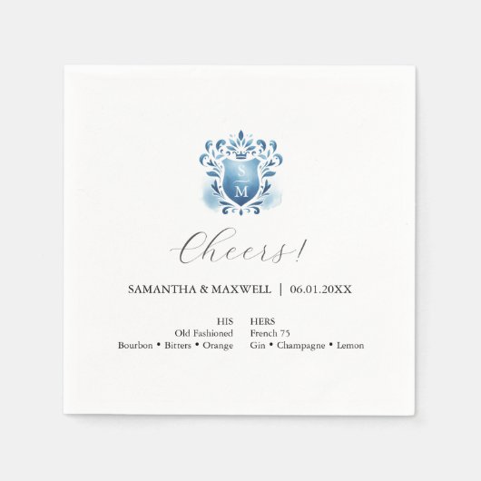 Elegantes blaues und Mit Monogramm Wappen Serviette (Vorderseite)