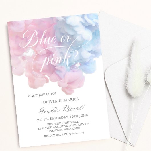 Elegantes blaues und rosa Rauch Baby Gender Reveal Einladung
