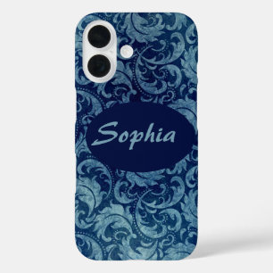 Elegantes Blaues Vintag Damask Muster iPhone 16 Hülle