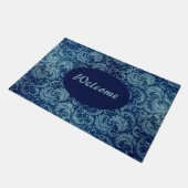 Elegantes Blaues Vintag Damask Muster Fußmatte (Schrägansicht)